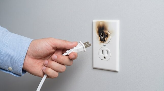 A person holding a white power plug near a damaged and burned electrical wall outlet