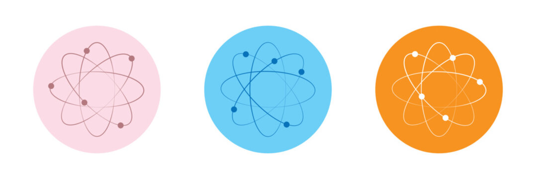 Atom icon set. Atomic structure symbols. Nuclear energy graphic design. Laboratory research and education signs . EPS 10 . Vector Illustration .
