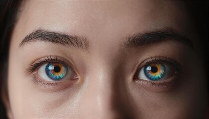 Fototapeta premium Close-up of human eyes with vivid blue-green irises and golden inner rings, showing detailed lashes, brows, skin texture and an intense direct gaze