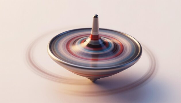 Colorful striped spinning top captured mid-rotation with blurred circular trails on a soft pastel background