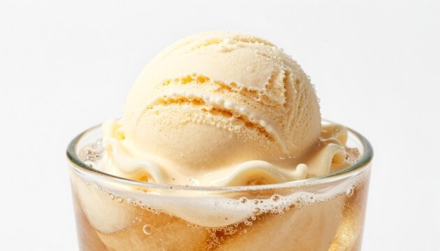 Creamy vanilla ice cream scoop floating in fizzy soda glass, classic root beer float dessert on a white background