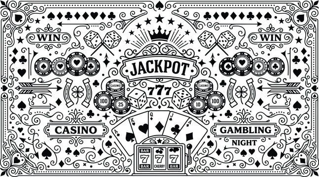 Ornate vintage casino background doodle vector illustration featuring gambling elements slot machine jackpot cards dice and lucky horseshoes.Ornate vintage casino background doodle vector illustration