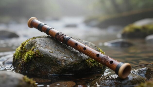 Hand-carved wooden flute resting on a mossy stream rock in a misty forest, evoking peaceful, rustic outdoor music and natural textures