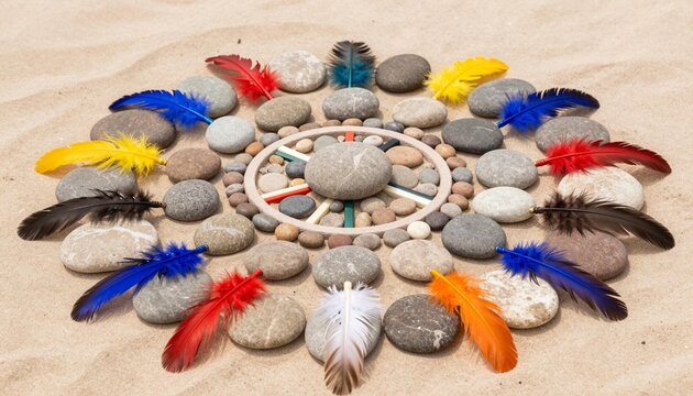 Colorful feather and pebble beach mandala arranged in concentric circles on sand, symmetrical decorative zen art for relaxation and outdoor decor