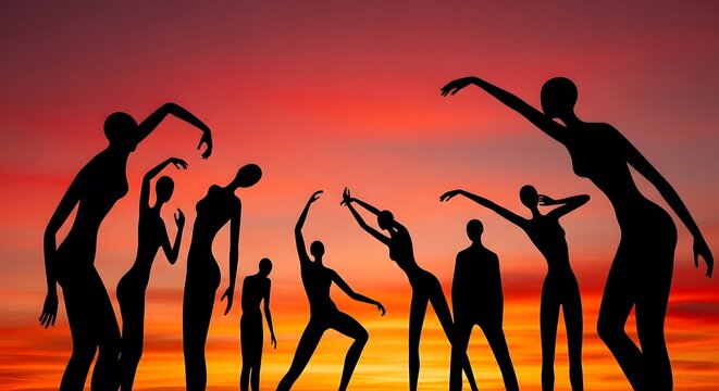 Silhouettes of dancers against a vibrant sunset background