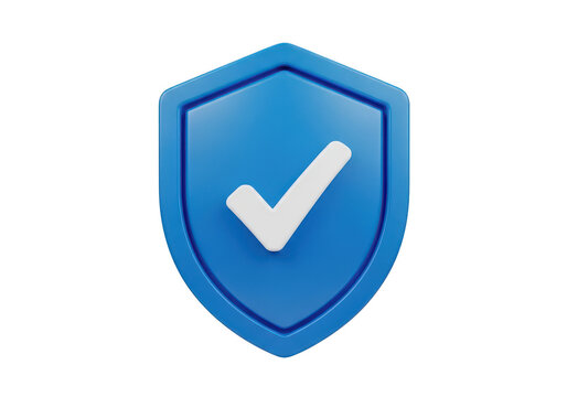 3d blue shield with white checkmark symbol for digital security and protection concepts representing safety and verified status in technology isolated on a transparent background