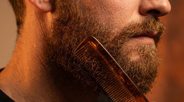Close up of a man grooming his thick ginger beard with a brown plastic comb