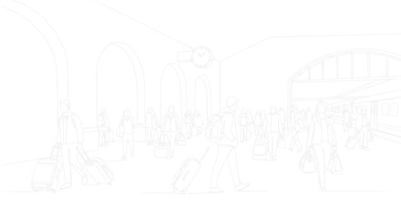 Fototapeta premium Sketchy Outline of Busy Train Station with Travelers and Luggage
