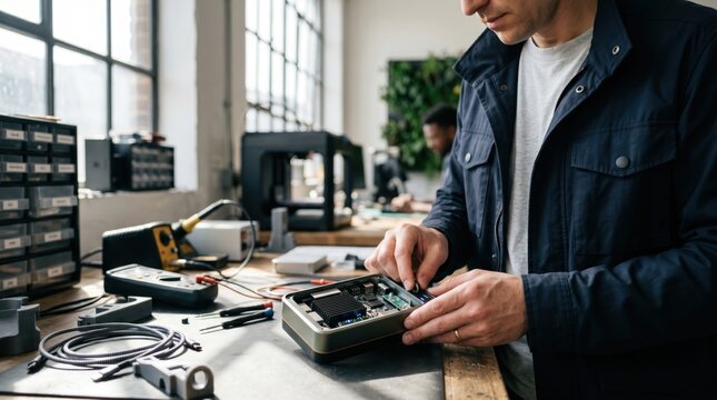 Technician repairing electronic circuit board and hardware components on workbench with tools in workshop focusing on maintenance and engineering.