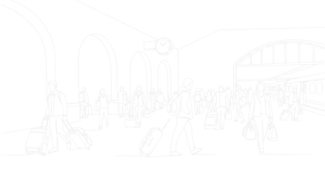 Sketchy Outline of Busy Train Station with Travelers and Luggage