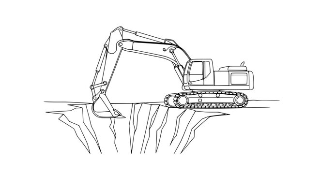 Line art excavator digging a deep pit on white background