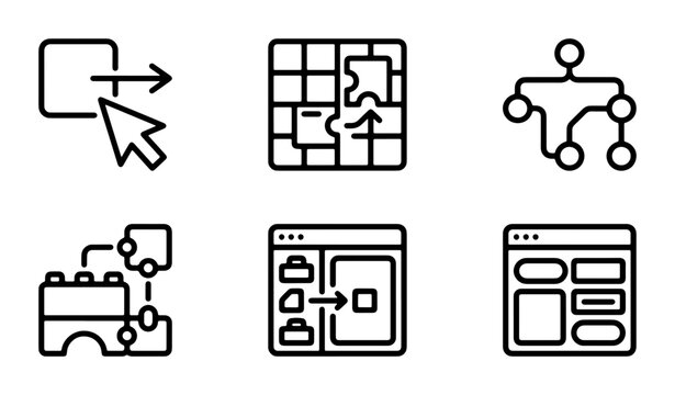 Workflow Icons Set, Process Flow Diagrams, Project Management Symbols, Business Logic Flowcharts, 6 Vector Elements