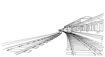 Obraz premium Train Station Sketch: Perspective View of Tracks and Platform with Train