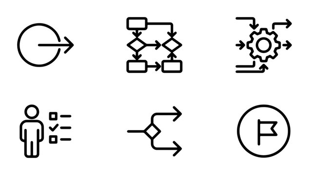 Process Flow Icons Set, Workflow Diagrams, Business Logic Symbols, Decision Tree Graphics, Project Management Tools, Vector Elements