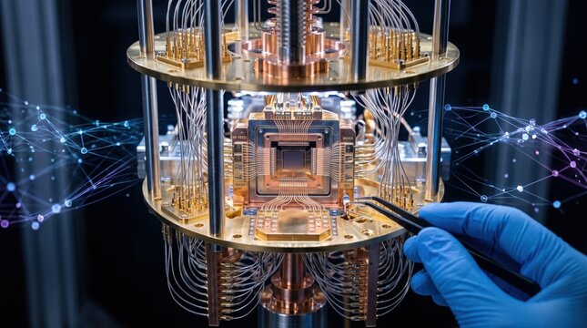 Close-up of quantum computer processor chip with gold wiring and cryogenic cooling system, advanced artificial intelligence and future computing technology