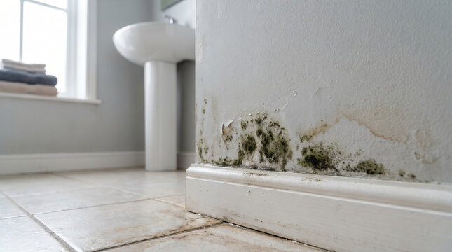 Damaged bathroom wall showing significant dark mold growth and water stains peeling off the paint surface
