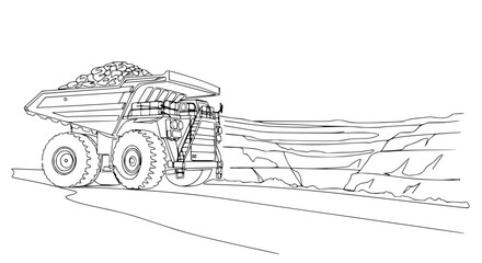 Heavy Mining Dump Truck Loaded with Rocks Moving Through Open Pit Mine - Line Art © Tani