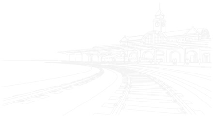 Sketch of train station and railway tracks in minimalist white outline style © Tani