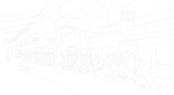 Sketchy Subway Train Interior with Passengers and Seats, Urban Commute Line Art
