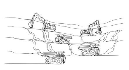 Mining Excavators and Dump Trucks in Quarry - Heavy Machinery Construction © Tani