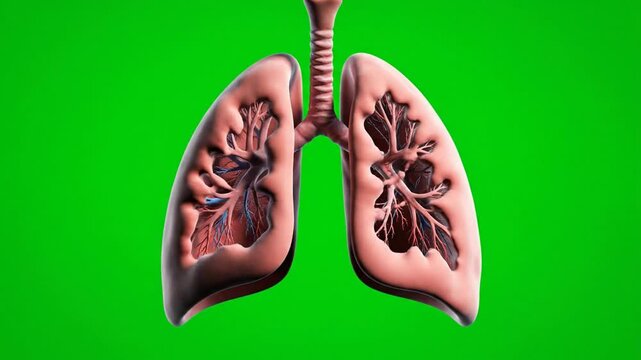 3 d human lung anatomy animation: breathing cycle and bronchial tree structure on green screen human lungs