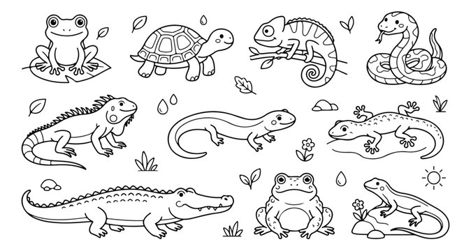 Cute reptile and amphibian coloring page vector set, 10 cartoon animal line art illustrations, black and white wildlife characters for kids activity