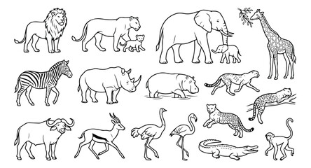 African safari animals line art collection, 18 wild savanna animal vector icons, minimalist black and white zoo wildlife illustrations for coloring © Muhammad
