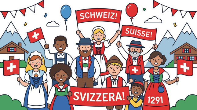 Swiss celebration with diverse people in traditional attire