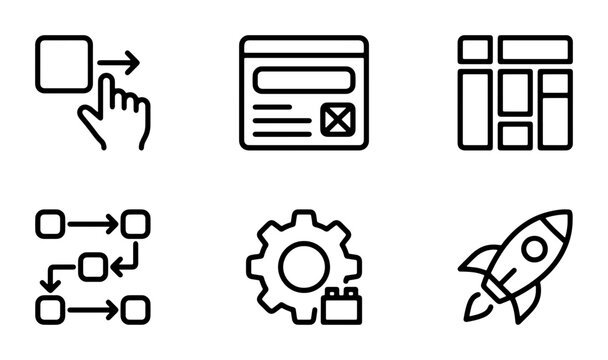 Modern UI UX Design Icons Set, Website Layout and Workflow Symbols, Business Strategy and Startup Rocket Vector Graphics