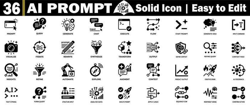 AI prompt solid icons. Featuring machine learning, automation, data generation flow, and artificial intelligence tasks.