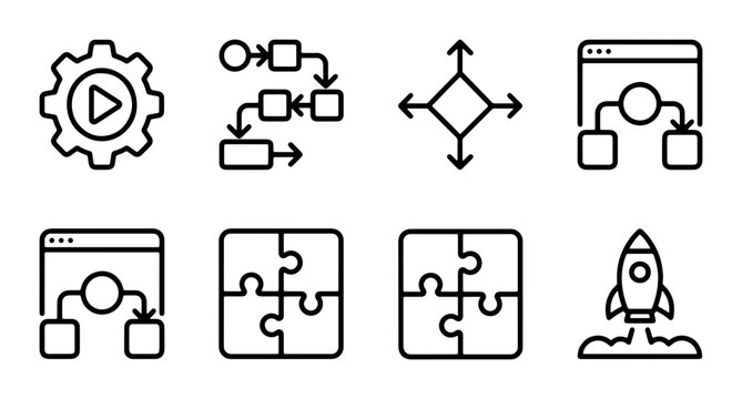 Process Flow Icons Set, Workflow Diagram Symbols, Puzzle Pieces, Startup Rocket, Gear Settings, Business Strategy Vector Graphics