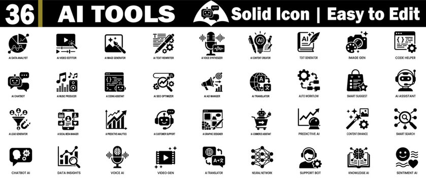 Ai tools solid icon pack. Featuring glyphs for digital marketing and artificial intelligence automation solutions.
