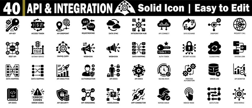 Api and integration solid icon collection. Containing forty professional symbols for backend development and data connectivity.