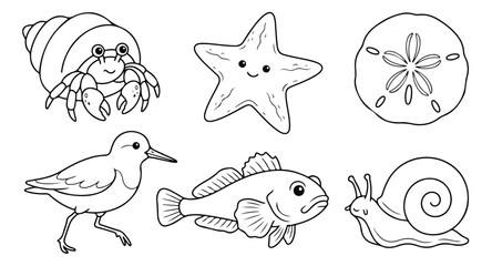 Cute ocean animals coloring page set, 6 sea creature line art icons including hermit crab and starfish, black and white beach wildlife vector illustrations © Muhammad