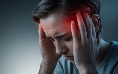 Fototapeta premium Young man with hands on temples experiencing a throbbing headache with red glow.