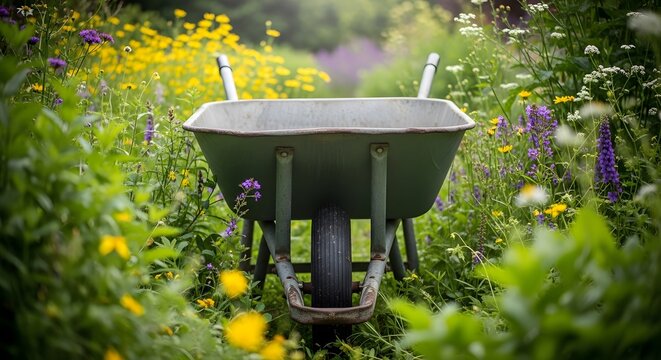 Vintage wheelbarrow in a vibrant wildflower garden