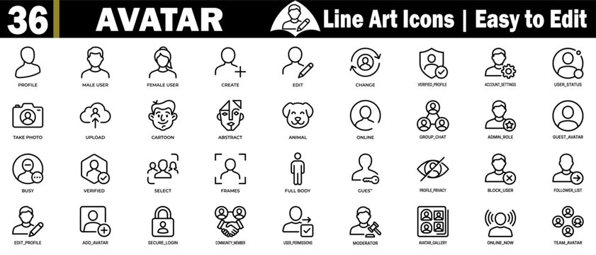 Avatar line art icons set for social media and web design elements with easy-to-edit.