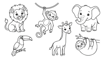 Obraz premium Cute jungle animals coloring page set, black and white safari animal outlines for kids, 6 cartoon zoo animal vector illustrations for education