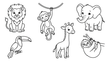 Obraz premium Cute safari animals coloring page set, 6 black and white jungle animal line art illustrations, baby zoo animal vector collection for kids
