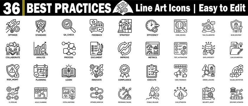 Best practices for business and technology development line art icons set, easy to edit for projects, vector illustration.
