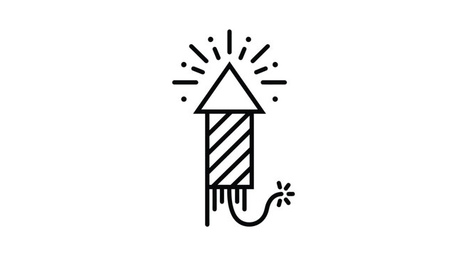 Minimalist black and white line art illustration of a festive firework rocket icon featuring clean geometric shapes for modern graphic design projects and digital web usage