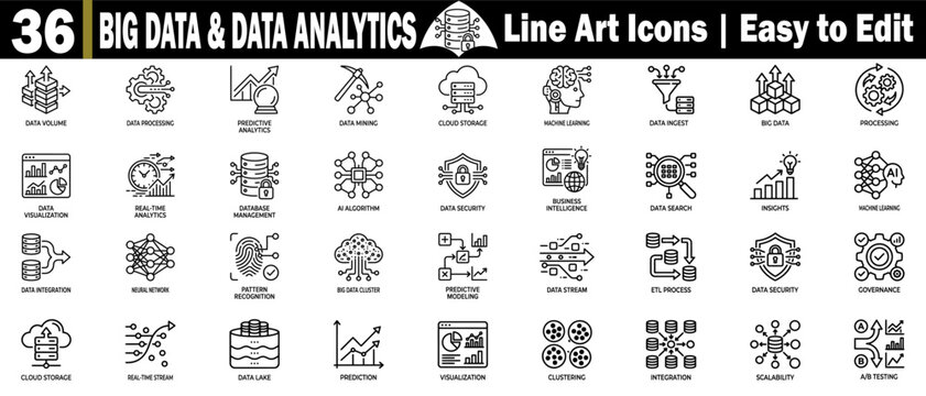 Big data and data analytics line art icons. Featuring business, intelligence software development, and cloud technologies.