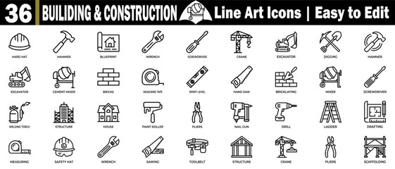 Naklejka premium Building and construction line art icons set for architectural design, industrial engineering, and renovation work tools.