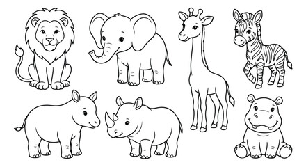 Fototapeta premium Cute safari animals coloring page vector set, cartoon wild zoo animal line art collection, 7 black and white outline illustrations for kids