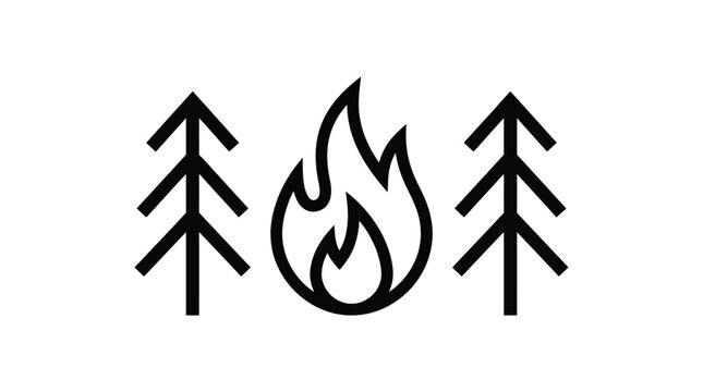 Minimalist black and white line art vector icon featuring a stylized fire flame symbol positioned between two simple evergreen pine trees on a white background
