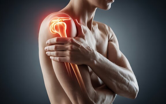Painful shoulder joint highlighted with glowing red and yellow bones.