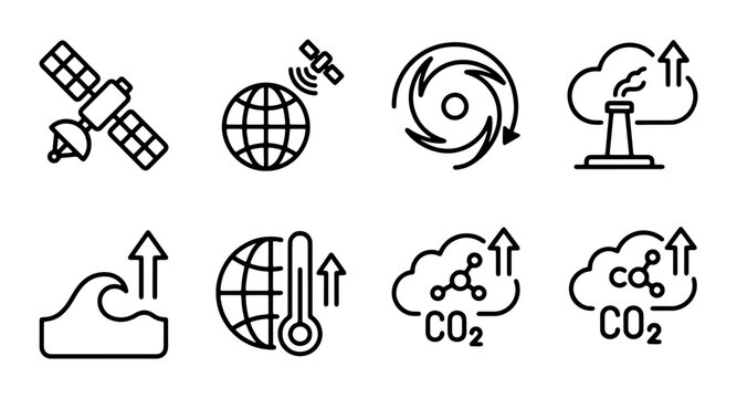 Climate Change Icons Set: Global Warming, Pollution, Weather Events, CO2 Emissions, Sea Level Rise, Satellite Monitoring
