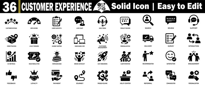 Customer experience solid icon pack. Contains customer ratings, nps score, user surveys, live chat, help desk, and others.