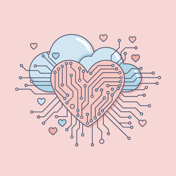 A digital heart with cloud and circuit board design on a pink background