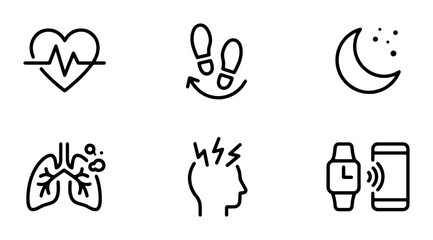 Obraz premium Health and Wellness Icons: Heartbeat, Steps, Sleep, Lungs, Headache, Smartwatch Connection - Minimalist Line Art for Medical and Fitness Concepts